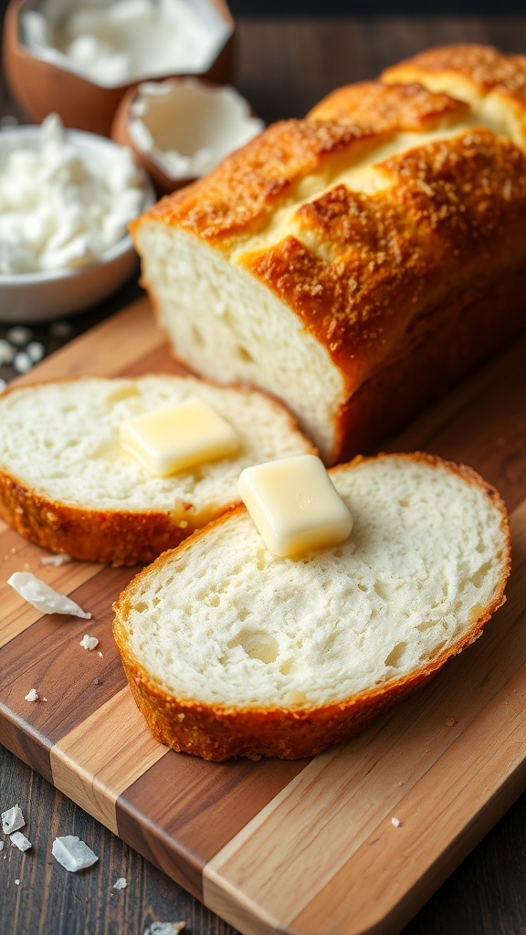 A slice of coconut flour bread with butter on a wooden board, surrounded by coconut flakes and eggs.